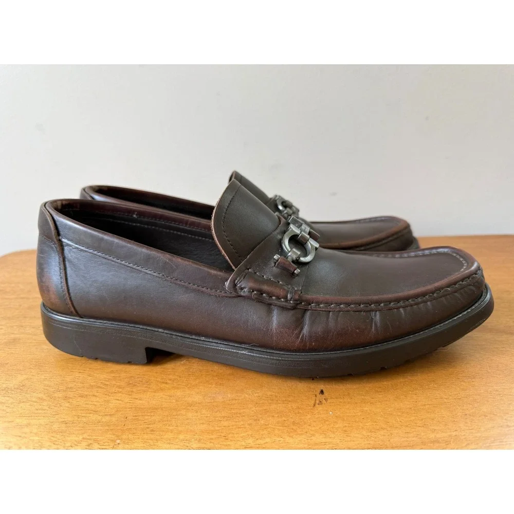 Ferragamo Moccasin Gancini Bit Men's 9 D Calf Leather Brown Loafers Italy